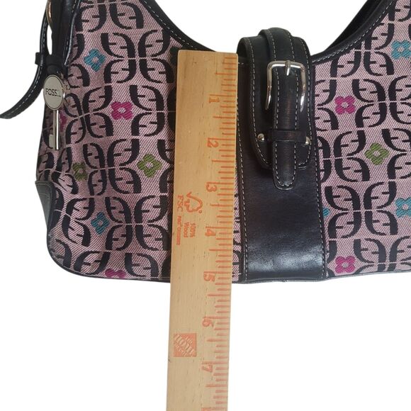 Fossil Monogram Shoulder Bag Purse Handbag Pink Black Leather Trim Flower Boho - Picture 9 of 13